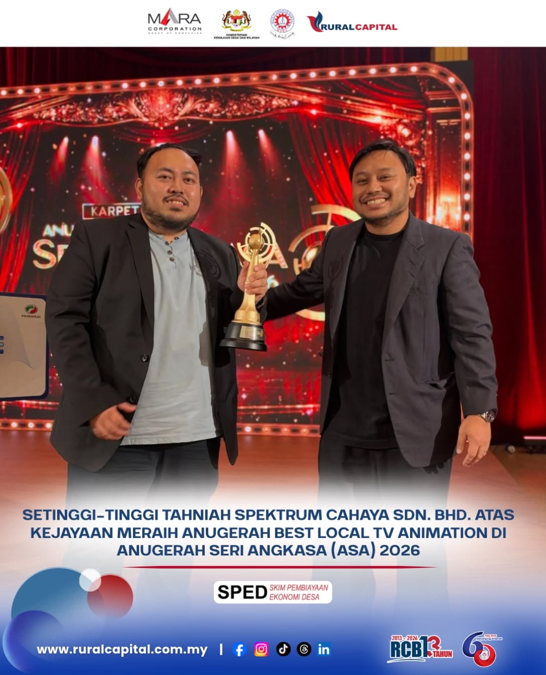 Tahniah kepada Spektrum Cahaya Sdn. Bhd., usahawan SPED dari Kuching, Sarawak, atas kejayaan meraih anugerah Best Local TV Animation di Anugerah Seri Angkasa (ASA) 2026.